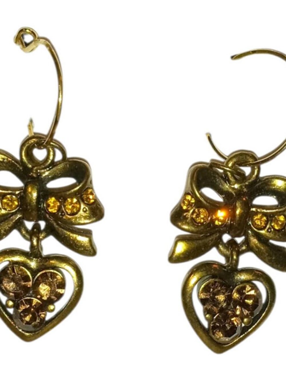 Vintage Gold Heart Bow Rhinestone Earrings